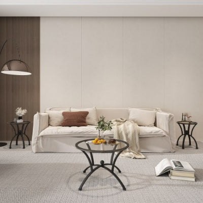 3 Piece Tempered Glass Surface Coffee Table Set, Decor Coffee Table Round End Side Table With Sturdy Construction For Living Room  Rustic Black