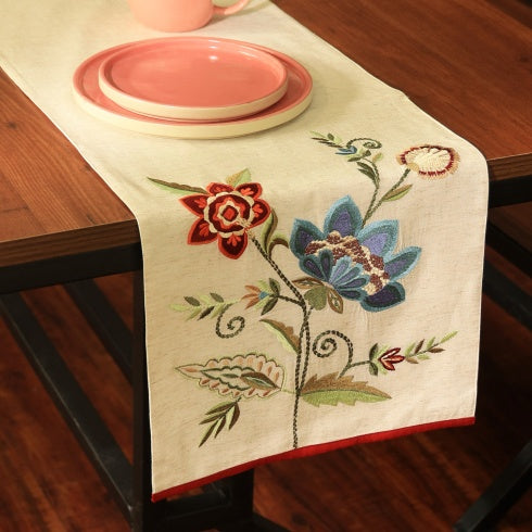 Blue Flower Embroidered Table Runner 72 Inches Long For Dresser Home Dining Table Decor