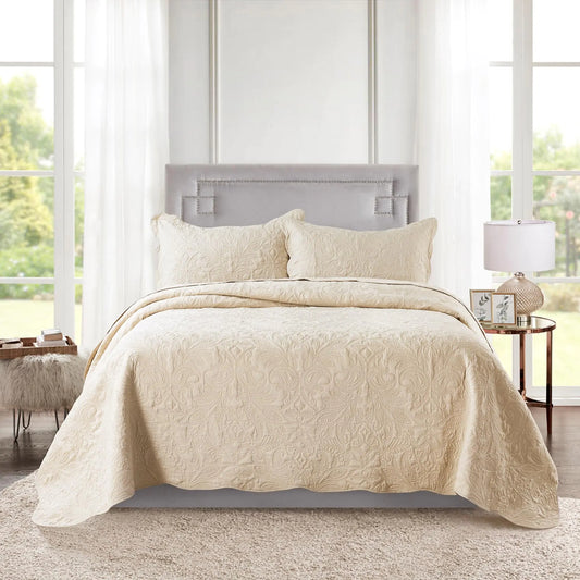 HoneiLife Quilt Set King Size - 3 Piece Embroidered Microfiber Bedspread Reversible Coverlet Lightweight Bedcover Paisley Pattern Bedding Set All Season Quilts-Khaki freshparc
