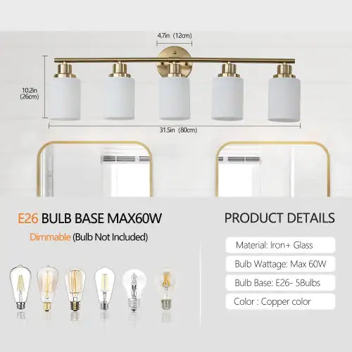 5 Lamps Gold Bathroom Vanity Lamp, Frosted Glass Shade, Modern Wall Mounted Lighting - No Bulbs Unavailable Platforms- Temu freshparc